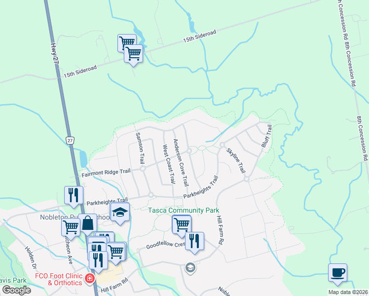 map of restaurants, bars, coffee shops, grocery stores, and more near 34 Black Duck Trail in Nobleton