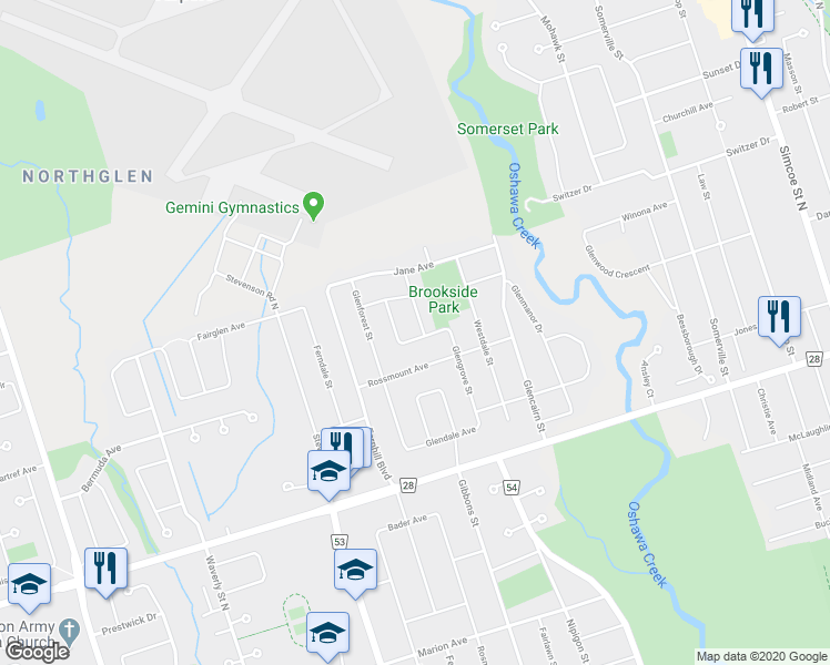 map of restaurants, bars, coffee shops, grocery stores, and more near 810 Glenbrae Street in Oshawa