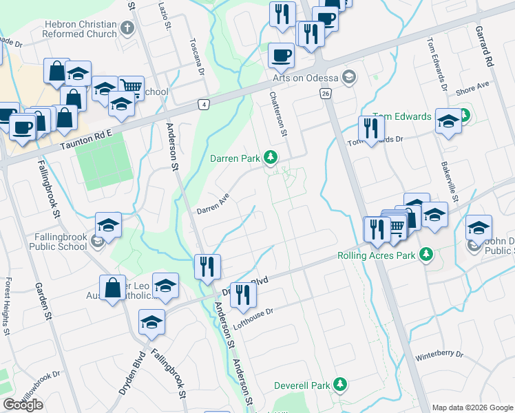 map of restaurants, bars, coffee shops, grocery stores, and more near 41 Morley Crescent in Whitby