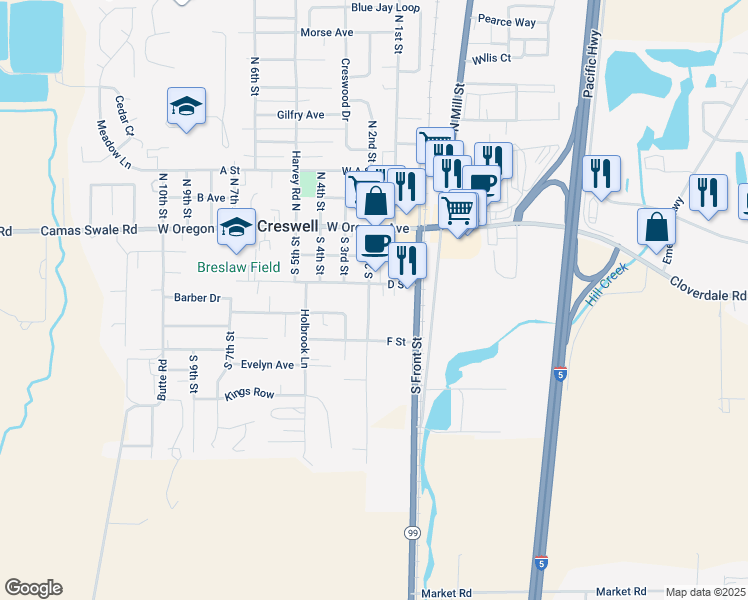 map of restaurants, bars, coffee shops, grocery stores, and more near 290 North 2nd Street in Creswell