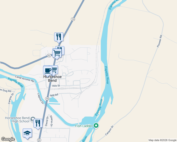 map of restaurants, bars, coffee shops, grocery stores, and more near 134 Canyon Street in Horseshoe Bend