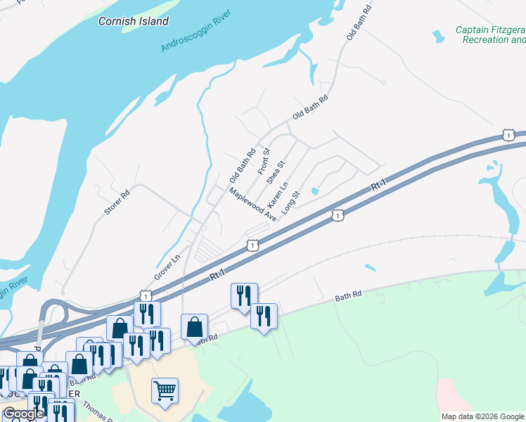 map of restaurants, bars, coffee shops, grocery stores, and more near 2 Shea Street in Brunswick