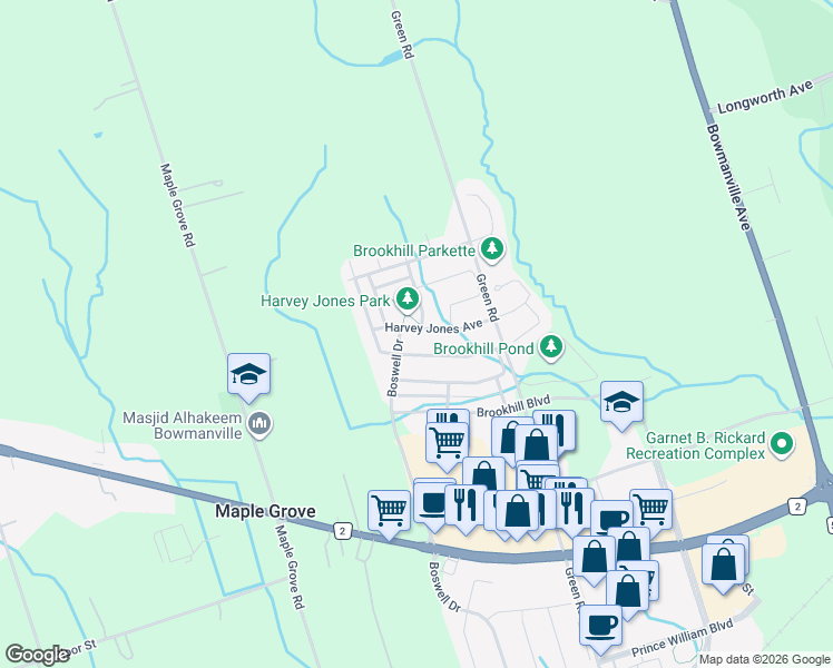 map of restaurants, bars, coffee shops, grocery stores, and more near 356 Boswell Drive in Bowmanville