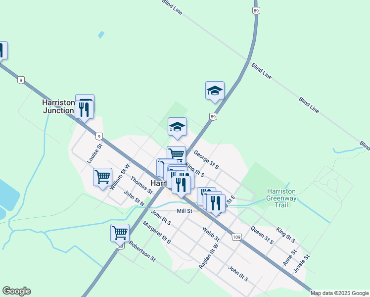 map of restaurants, bars, coffee shops, grocery stores, and more near 13 George Street North in Minto