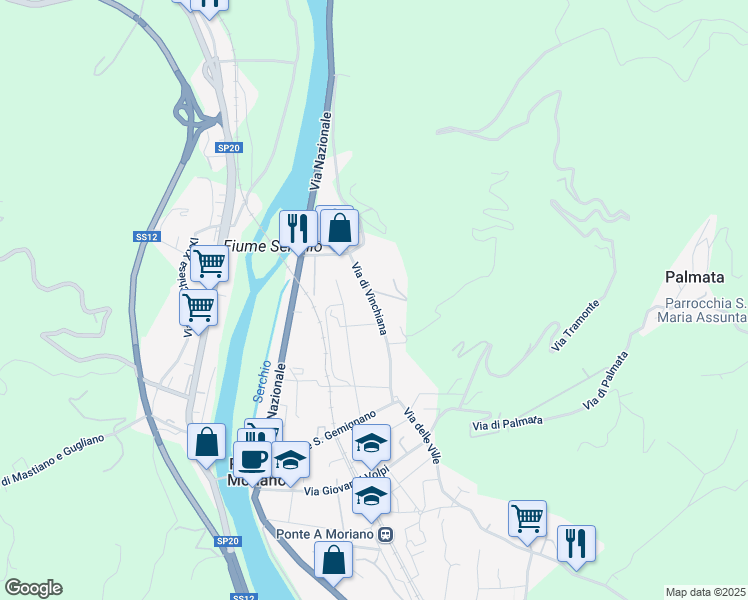 map of restaurants, bars, coffee shops, grocery stores, and more near 342 Via di Vinchiana in Lucca