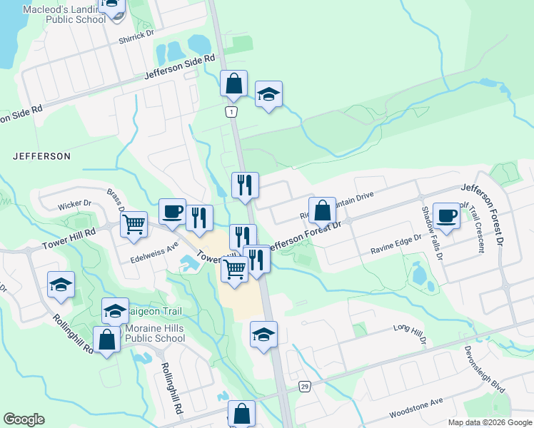 map of restaurants, bars, coffee shops, grocery stores, and more near 11 Paper Mills Crescent in Richmond Hill