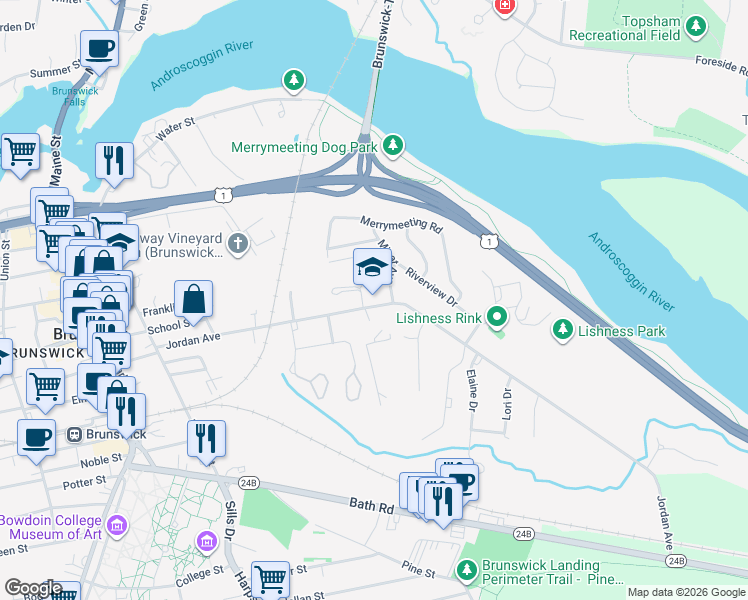 map of restaurants, bars, coffee shops, grocery stores, and more near 75 Jordan Avenue in Brunswick