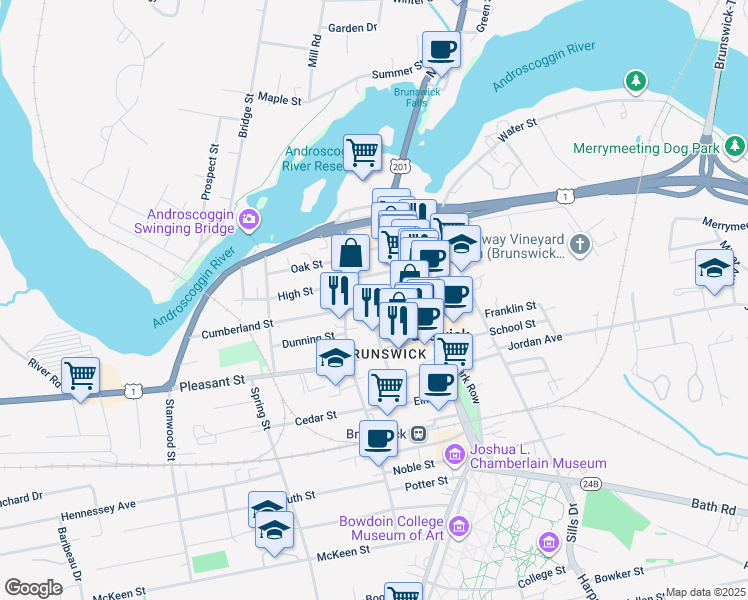 map of restaurants, bars, coffee shops, grocery stores, and more near 10 Cumberland Street in Brunswick