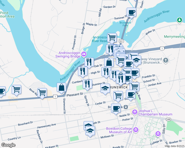 map of restaurants, bars, coffee shops, grocery stores, and more near 30 Cushing Street in Brunswick