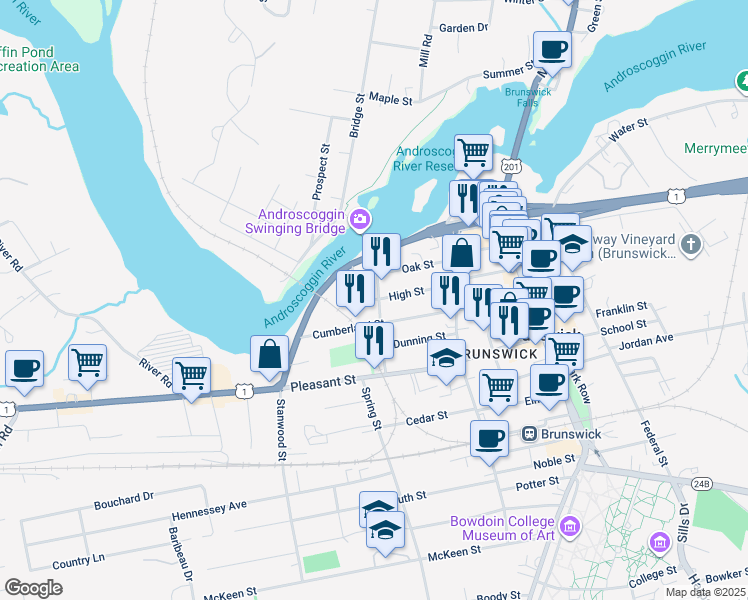 map of restaurants, bars, coffee shops, grocery stores, and more near 30 Cushing Street in Brunswick