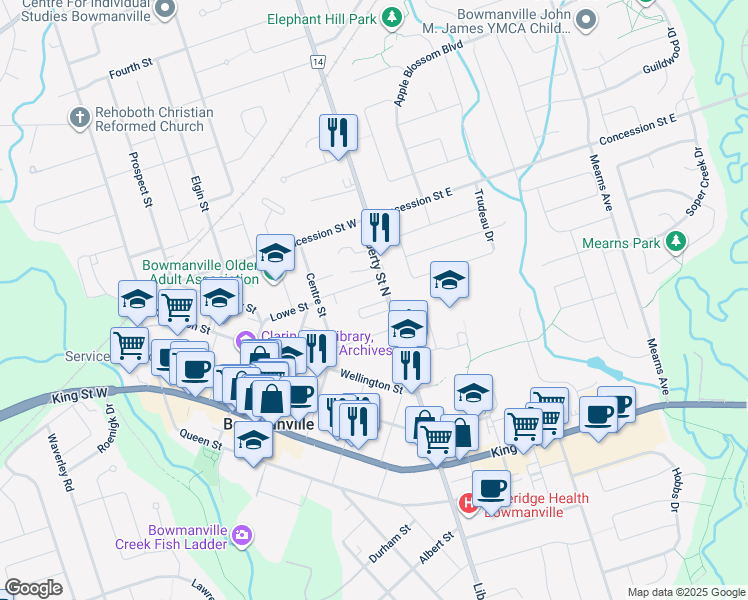 map of restaurants, bars, coffee shops, grocery stores, and more near in Bowmanville