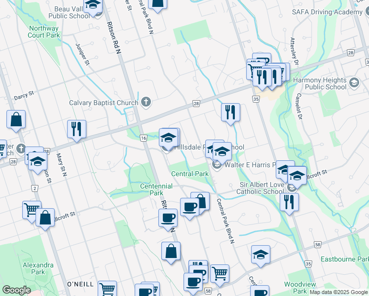 map of restaurants, bars, coffee shops, grocery stores, and more near in Oshawa