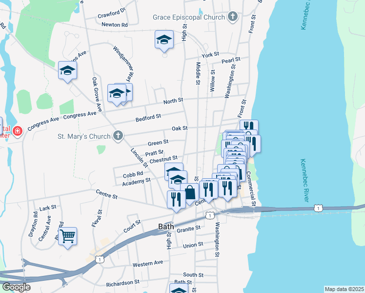 map of restaurants, bars, coffee shops, grocery stores, and more near 876 High Street in Bath