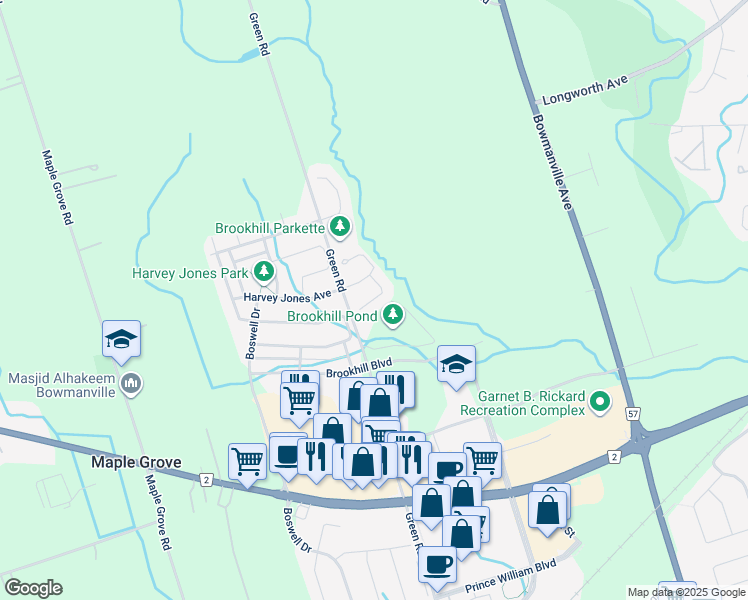 map of restaurants, bars, coffee shops, grocery stores, and more near Purdy Place in Bowmanville