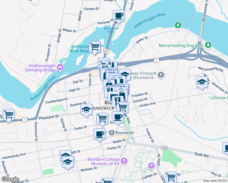 map of restaurants, bars, coffee shops, grocery stores, and more near 135 Maine Street in Brunswick