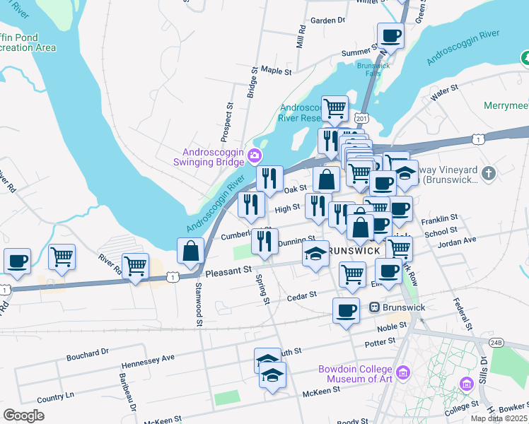 map of restaurants, bars, coffee shops, grocery stores, and more near 30 Cushing Street in Brunswick