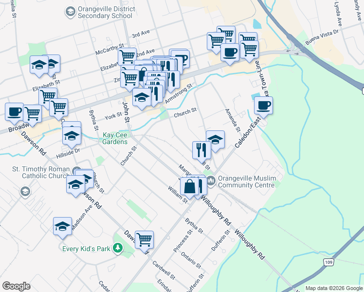 map of restaurants, bars, coffee shops, grocery stores, and more near 74 Mill Street in Orangeville