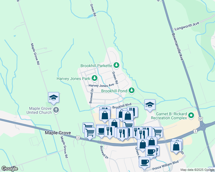 map of restaurants, bars, coffee shops, grocery stores, and more near Harvey Jones Avenue in Bowmanville