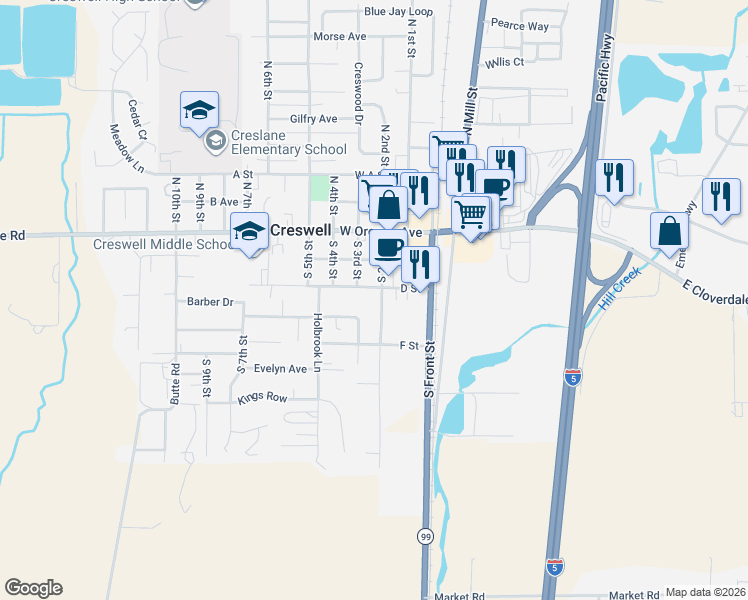 map of restaurants, bars, coffee shops, grocery stores, and more near 245 South 2nd Street in Creswell