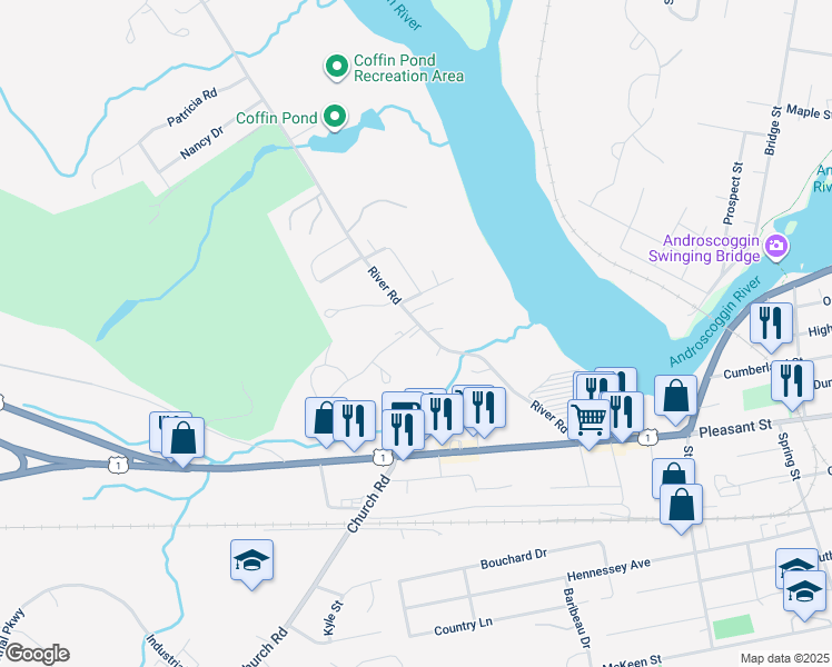map of restaurants, bars, coffee shops, grocery stores, and more near 79 River Road in Brunswick