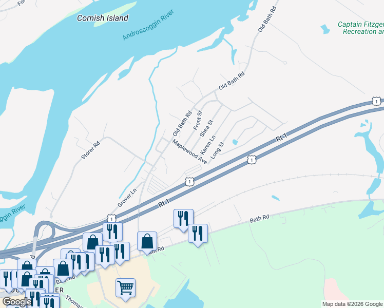 map of restaurants, bars, coffee shops, grocery stores, and more near 2 Shea Street in Brunswick