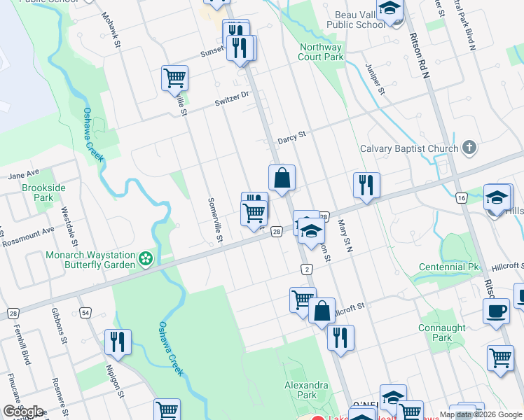 map of restaurants, bars, coffee shops, grocery stores, and more near 707 Hortop Street in Oshawa