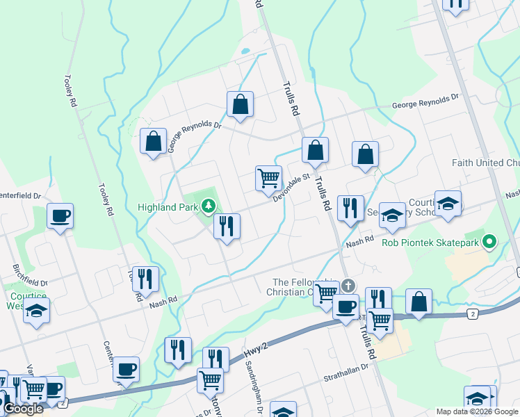 map of restaurants, bars, coffee shops, grocery stores, and more near 45 Devondale Street in Courtice