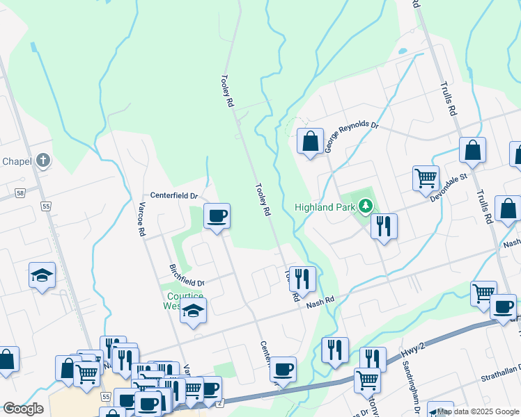 map of restaurants, bars, coffee shops, grocery stores, and more near 3222 Tooley Road in Courtice