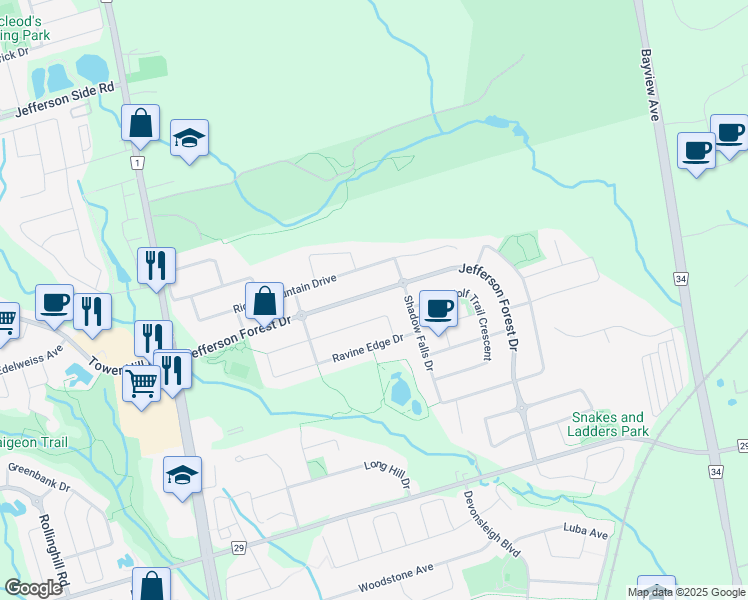 map of restaurants, bars, coffee shops, grocery stores, and more near 103 Jefferson Forest Drive in Richmond Hill