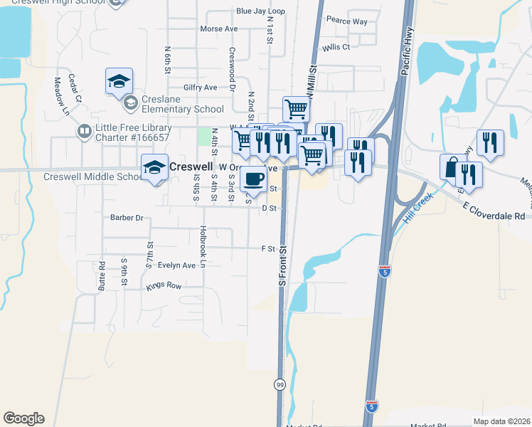 map of restaurants, bars, coffee shops, grocery stores, and more near 215 South Front Street in Creswell