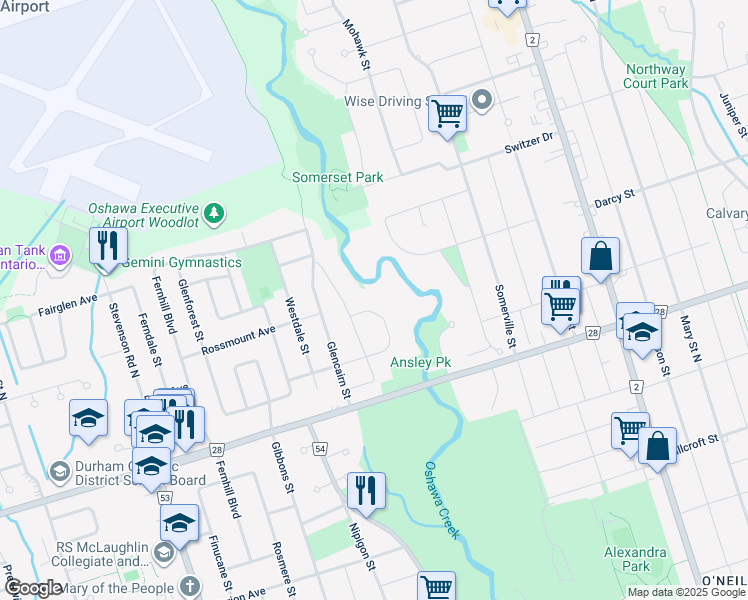 map of restaurants, bars, coffee shops, grocery stores, and more near 191 Woodlea Crescent in Oshawa