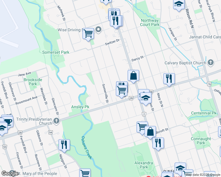 map of restaurants, bars, coffee shops, grocery stores, and more near 94 Jones Avenue in Oshawa