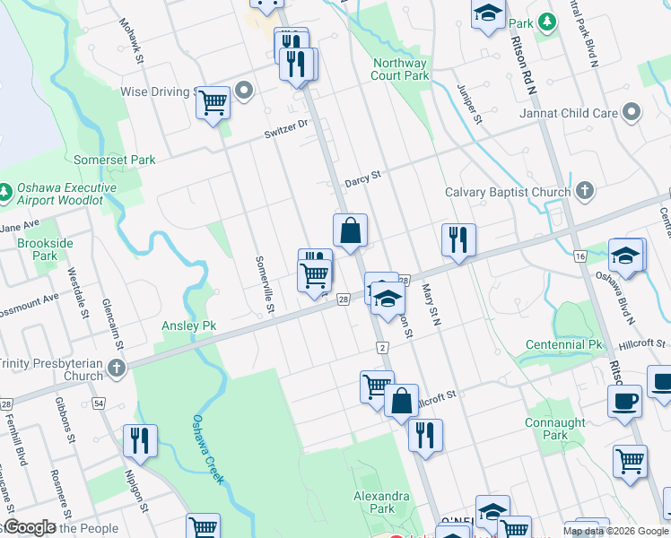 map of restaurants, bars, coffee shops, grocery stores, and more near 708 Carnegie Avenue in Oshawa