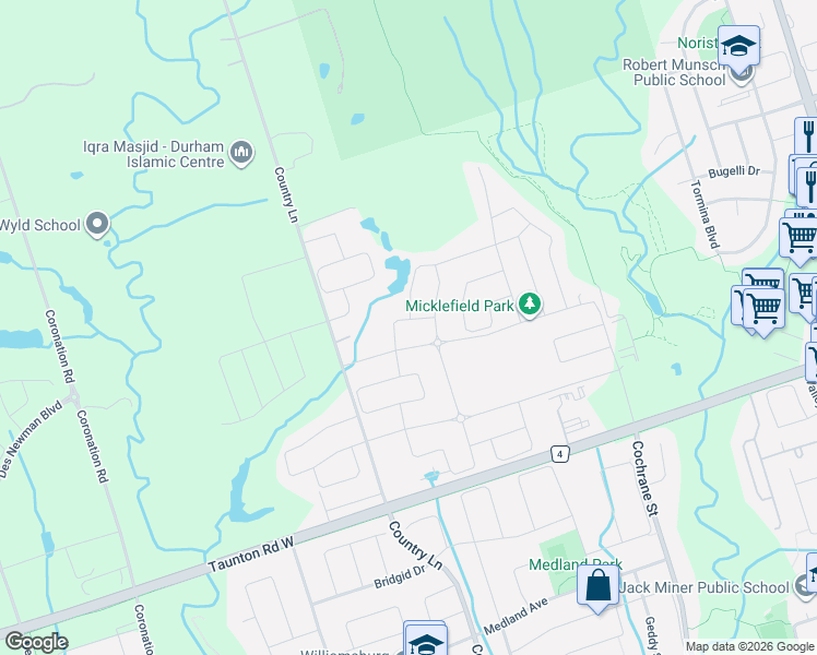 map of restaurants, bars, coffee shops, grocery stores, and more near 17 Pennine Drive in Whitby