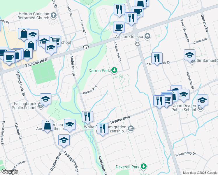 map of restaurants, bars, coffee shops, grocery stores, and more near 15 Arlston Court in Whitby