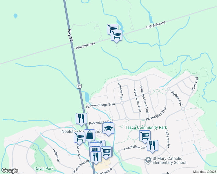 map of restaurants, bars, coffee shops, grocery stores, and more near 21 Paradise Valley Trail in Nobleton