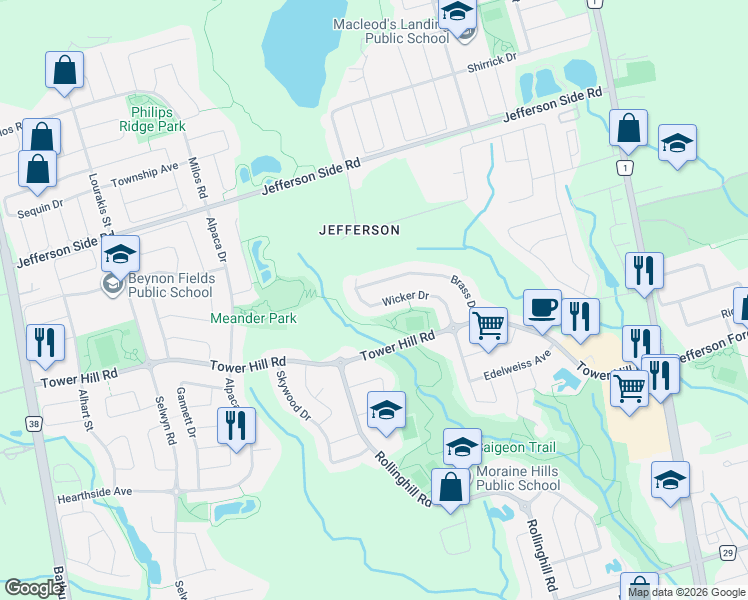 map of restaurants, bars, coffee shops, grocery stores, and more near 59 Wicker Drive in Richmond Hill