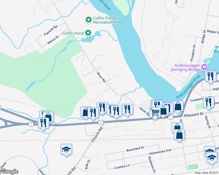 map of restaurants, bars, coffee shops, grocery stores, and more near 79 River Road in Brunswick