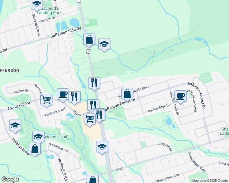 map of restaurants, bars, coffee shops, grocery stores, and more near 45 Paper Mills Crescent in Richmond Hill