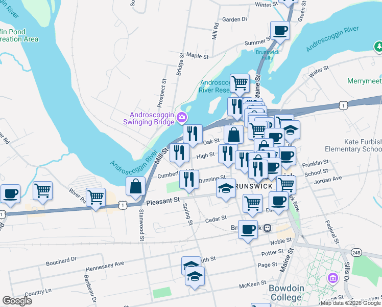 map of restaurants, bars, coffee shops, grocery stores, and more near 30 Cushing Street in Brunswick
