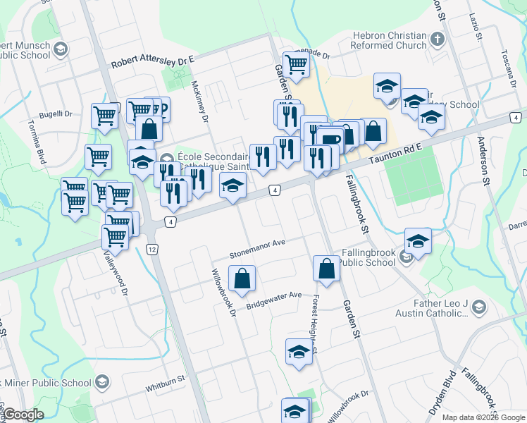 map of restaurants, bars, coffee shops, grocery stores, and more near 48 Dewbourne Place in Whitby