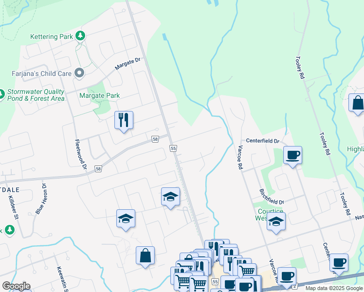 map of restaurants, bars, coffee shops, grocery stores, and more near 3 Lawson Road in Courtice