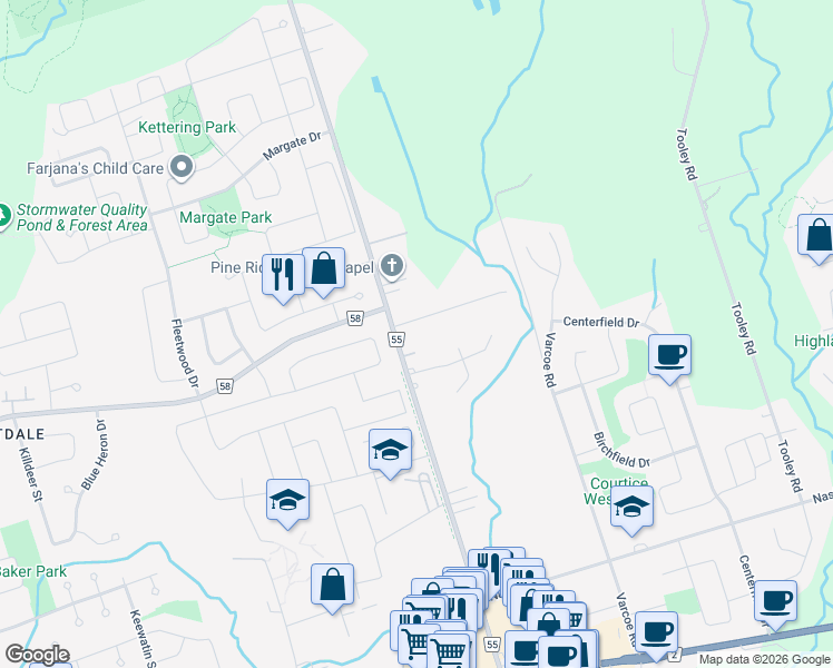 map of restaurants, bars, coffee shops, grocery stores, and more near 3 Lawson Road in Courtice