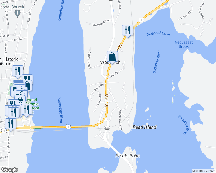 map of restaurants, bars, coffee shops, grocery stores, and more near 73 Main Street in Woolwich