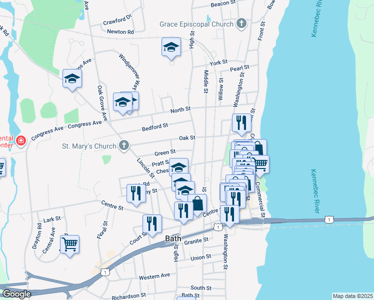 map of restaurants, bars, coffee shops, grocery stores, and more near 876 High Street in Bath