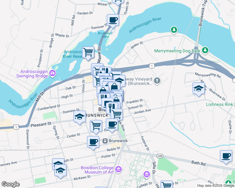 map of restaurants, bars, coffee shops, grocery stores, and more near 30 Federal Street in Brunswick