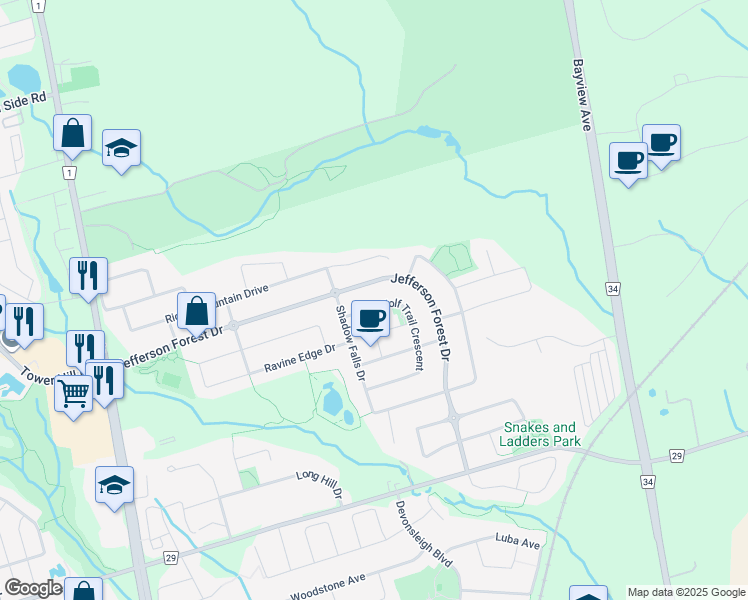 map of restaurants, bars, coffee shops, grocery stores, and more near 89 Wolf Trail Crescent in Richmond Hill