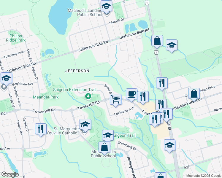 map of restaurants, bars, coffee shops, grocery stores, and more near 19 Brass Drive in Richmond Hill