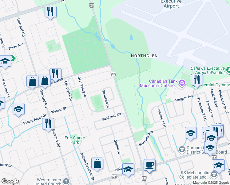 map of restaurants, bars, coffee shops, grocery stores, and more near 895 Catskill Drive in Oshawa