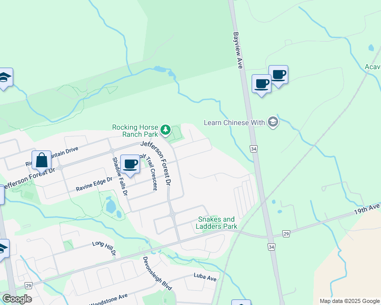 map of restaurants, bars, coffee shops, grocery stores, and more near 18 Bush Ridges Avenue in Richmond Hill
